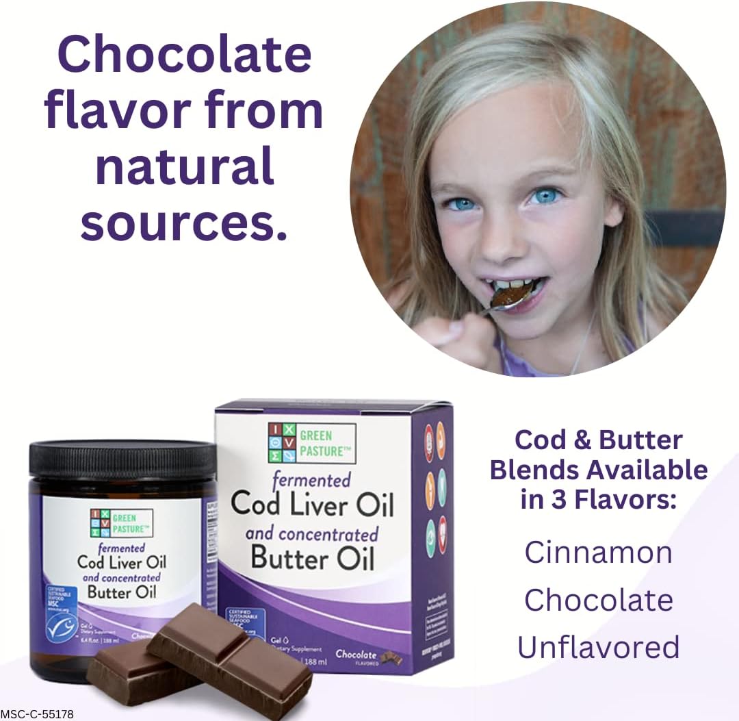 6.4 oz Green Pasture Butter Oil & Fermented Cod Liver Oil Gel with Vitamin A & D, EPA, DHA, Omega Fatty Acids - Chocolate Flavor