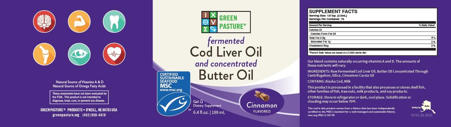 6.4 oz Green Pasture Butter Oil & Fermented Cod Liver Oil Gel with Vitamin A & D, EPA, DHA, Omega Fatty Acids - Cinnamon Flavor