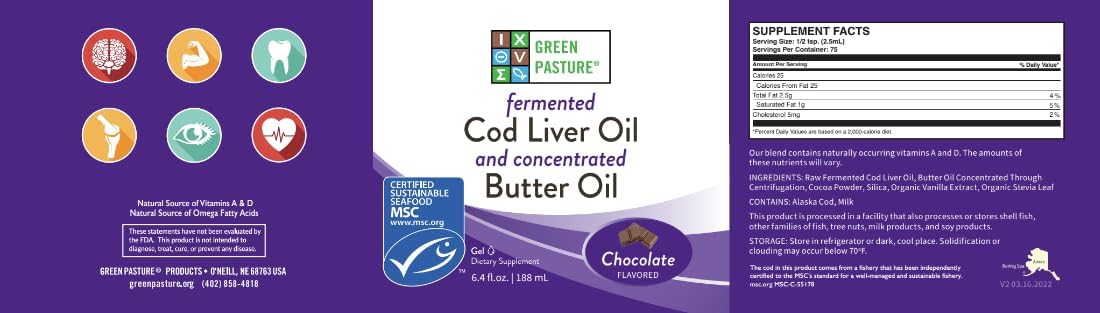 6.4 oz Green Pasture Butter Oil & Fermented Cod Liver Oil Gel with Vitamin A & D, EPA, DHA, Omega Fatty Acids - Chocolate Flavor
