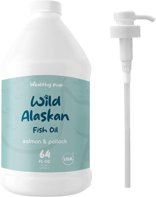 64 oz Healthy Pup Wild Alaskan Salmon and Pollock Oil for Dogs - Omega 3, EPA, DHA - Skin and Coat Supplement - USA Made