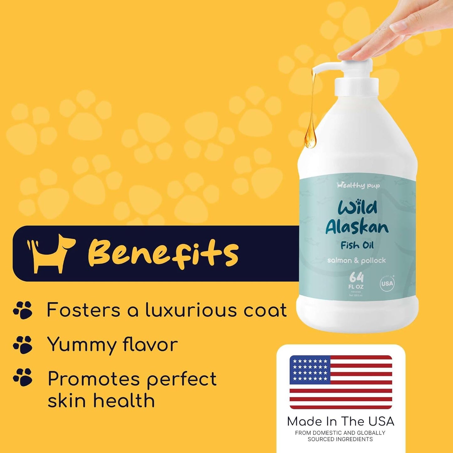 64 oz Healthy Pup Wild Alaskan Salmon and Pollock Oil for Dogs - Omega 3, EPA, DHA - Skin and Coat Supplement - USA Made