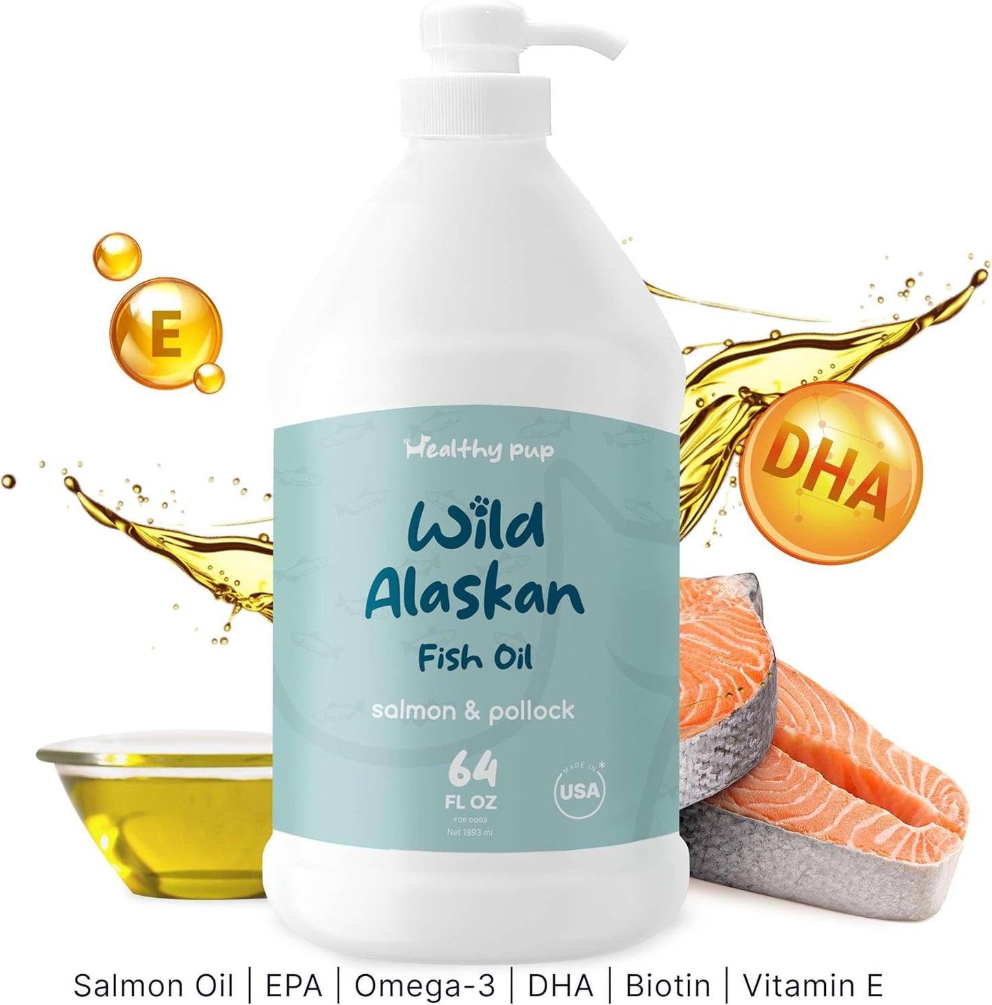 64 oz Healthy Pup Wild Alaskan Salmon and Pollock Oil for Dogs - Omega 3, EPA, DHA - Skin and Coat Supplement - USA Made
