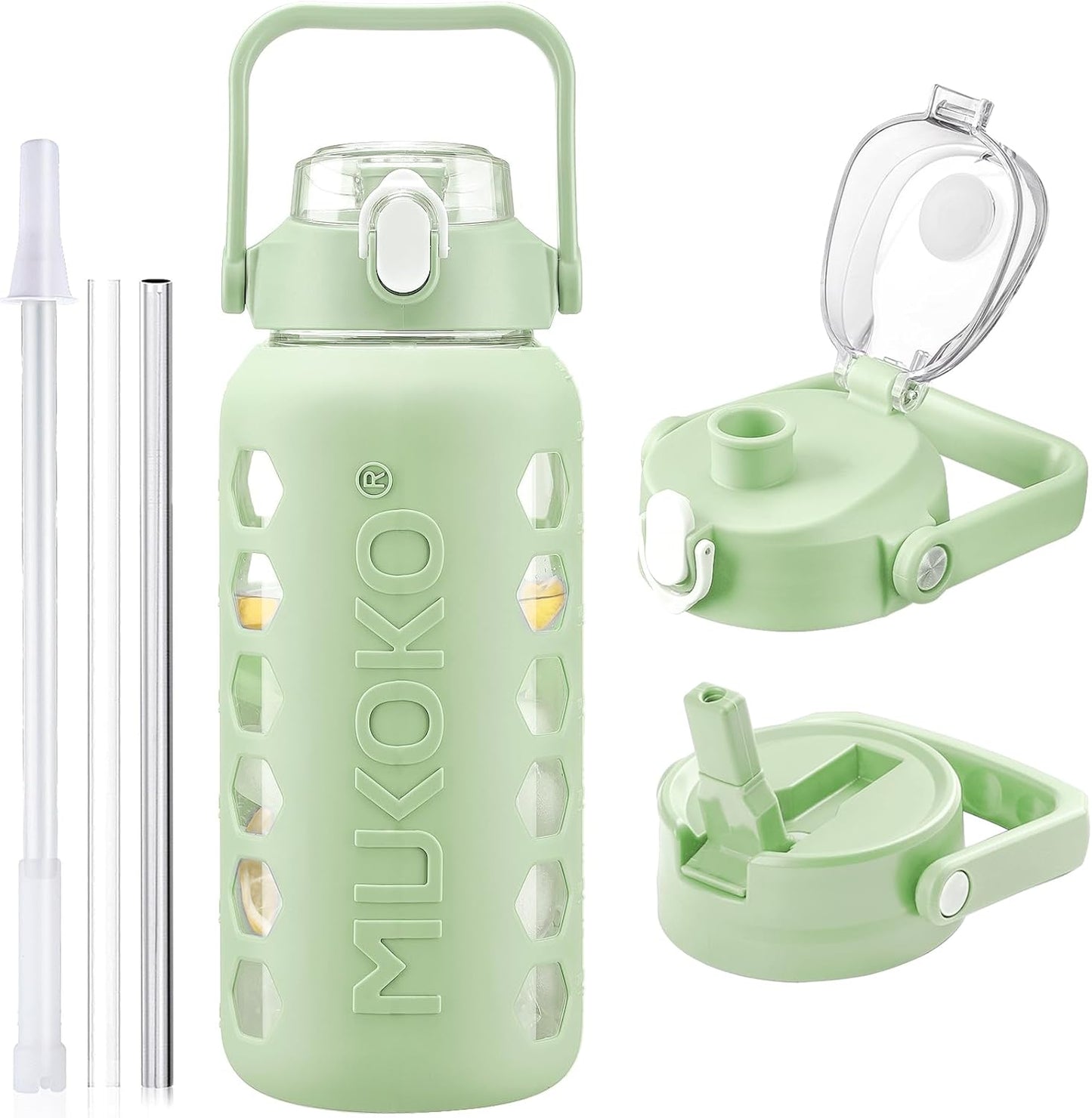64oz Glass Water Bottle with 2 Lids, Straws, Measurements, Silicone Sleeve - 2L Sports Water Jug, Leakproof, Green