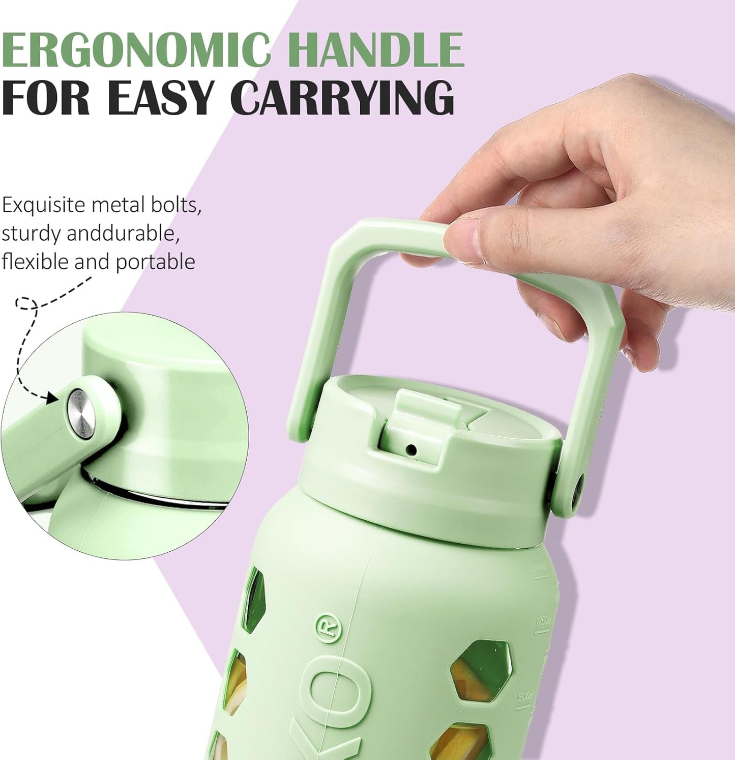 64oz Glass Water Bottle with 2 Lids, Straws, Measurements, Silicone Sleeve - 2L Sports Water Jug, Leakproof, Green