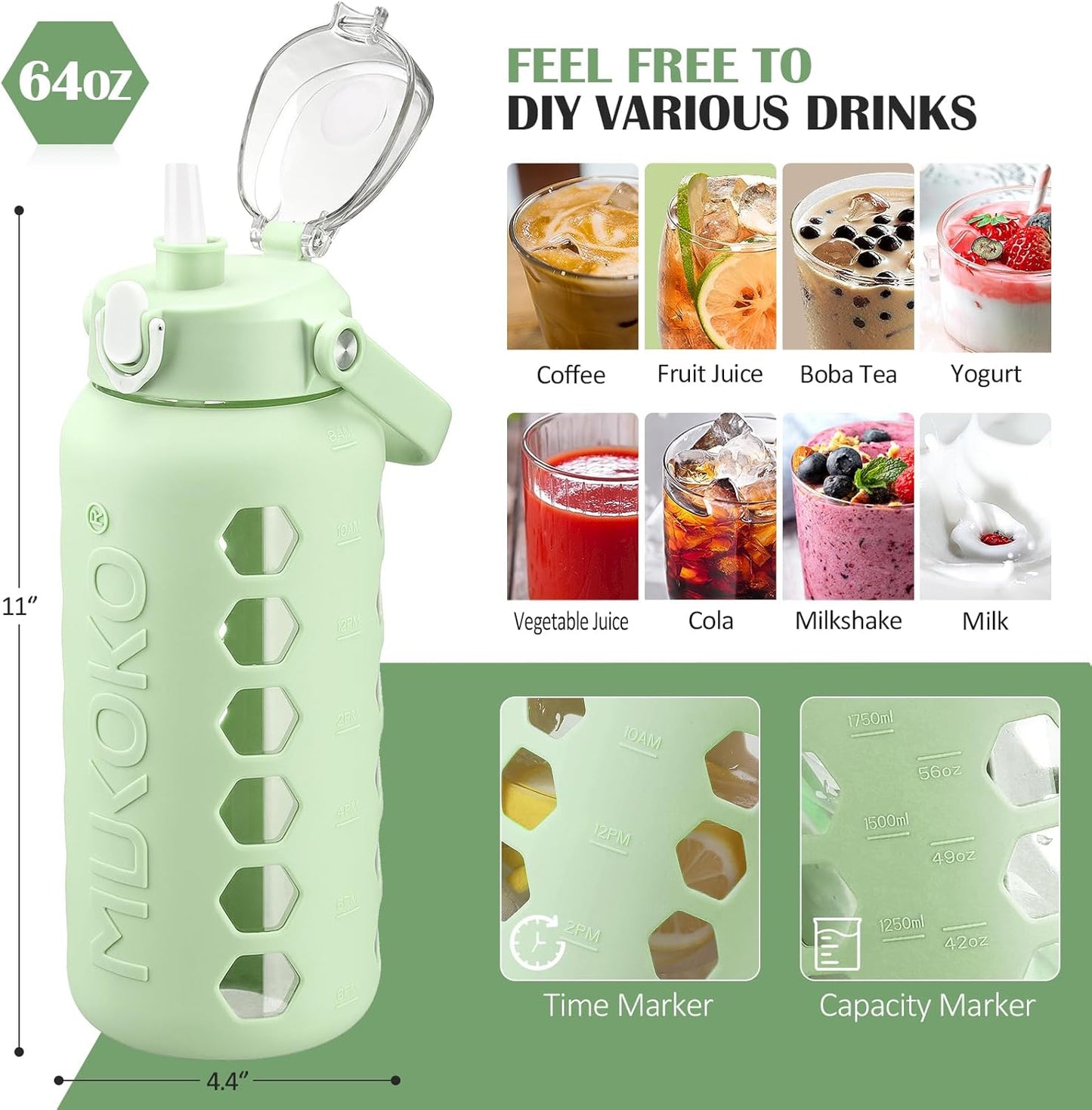 64oz Glass Water Bottle with 2 Lids, Straws, Measurements, Silicone Sleeve - 2L Sports Water Jug, Leakproof, Green