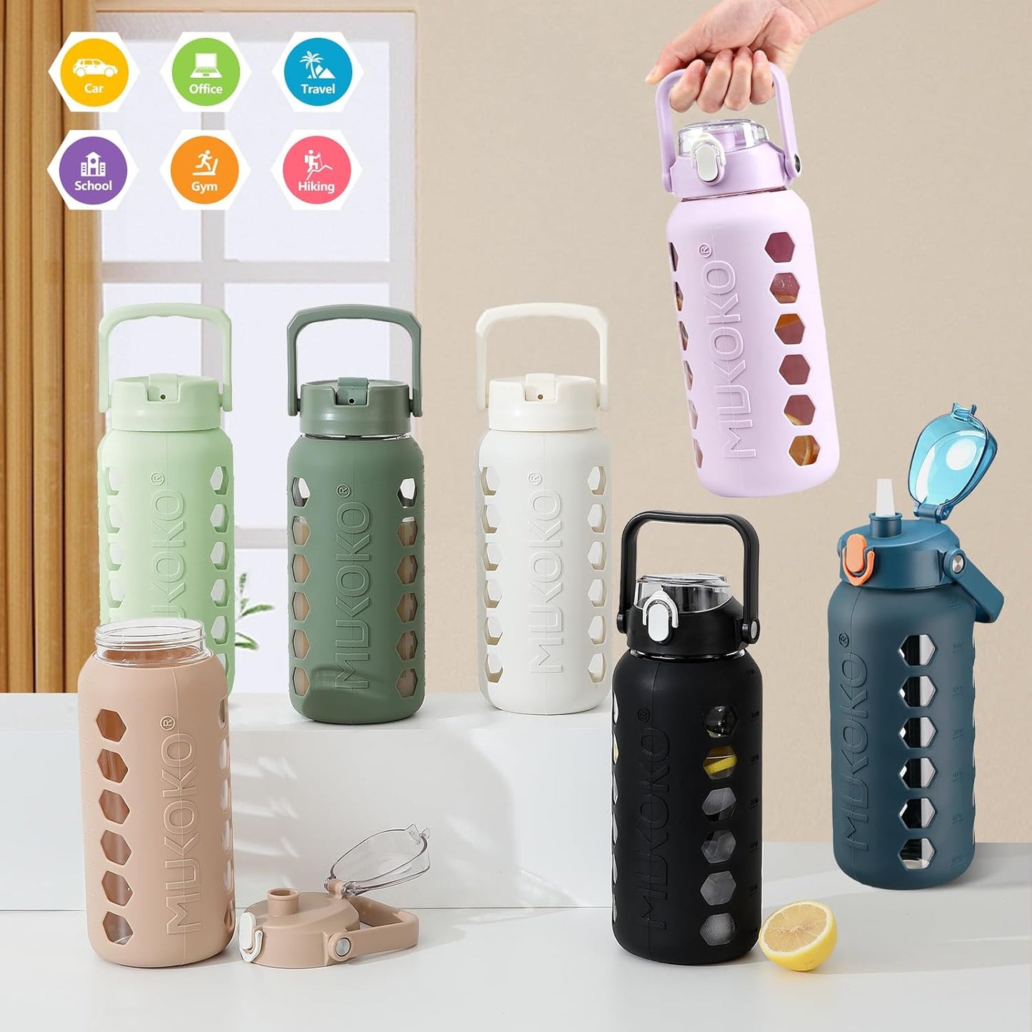 64oz Glass Water Bottle with 2 Lids, Straws, Measurements, Silicone Sleeve - 2L Sports Water Jug, Leakproof, Green