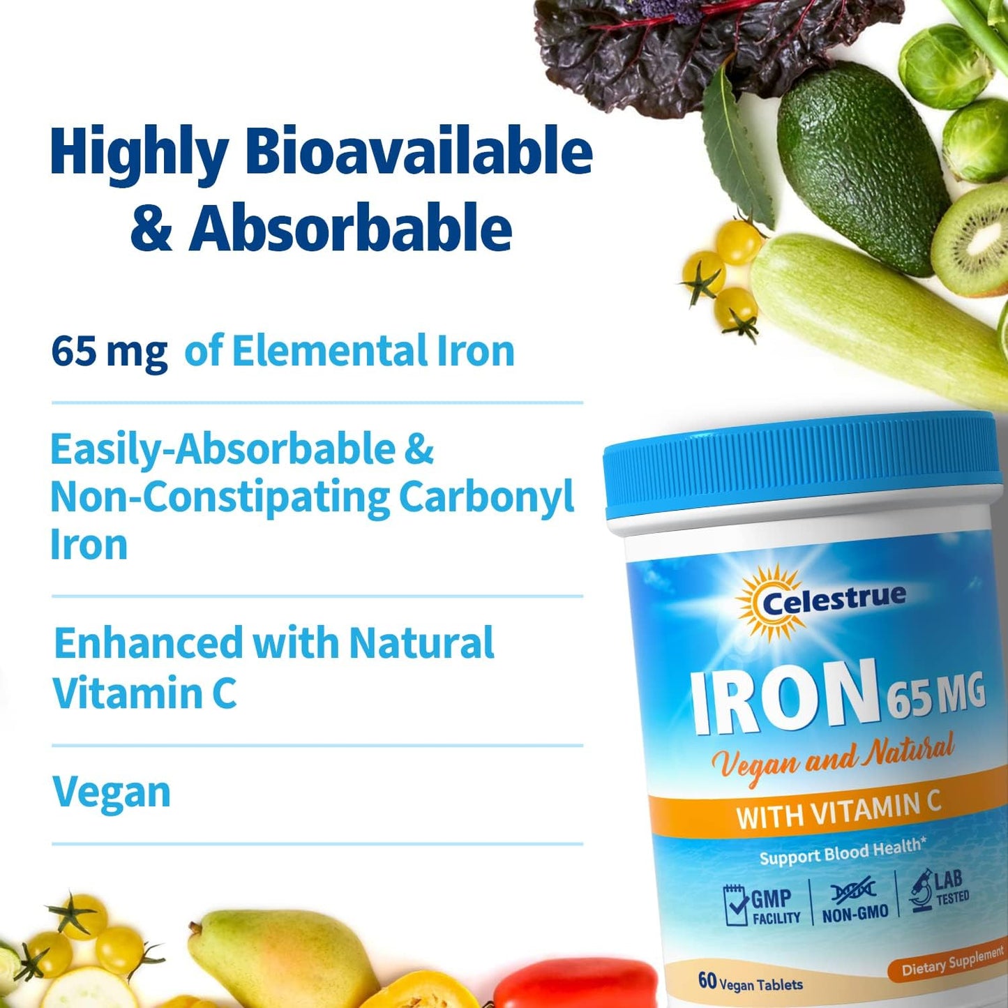 65mg Carbonyl Iron & 250mg Vitamin C Iron Supplement for Blood Building, Stomach-Friendly Iron Pills for Men & Women, Vegan, Non-GMO, Gluten-Free - 60 Tabs
