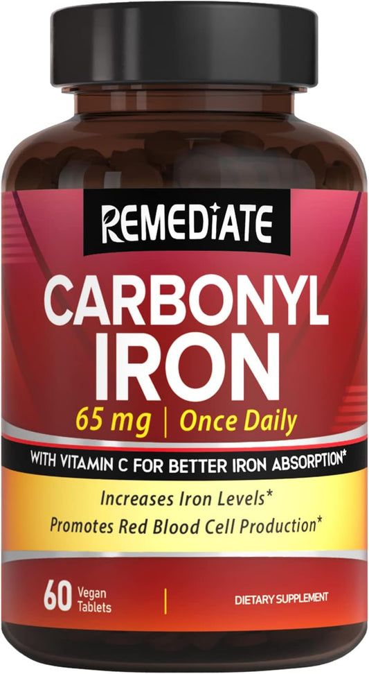65mg Carbonyl Iron with Vitamin C for Energy Support & Red Blood Cell Formation - Vegan, Non-GMO Gentle Iron Supplement, 60 Tabs