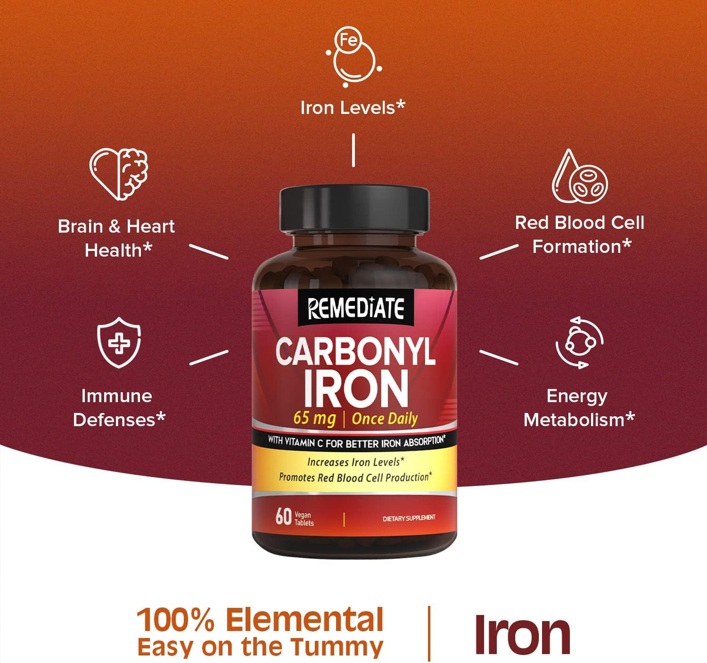 65mg Carbonyl Iron with Vitamin C for Energy Support & Red Blood Cell Formation - Vegan, Non-GMO Gentle Iron Supplement, 60 Tabs