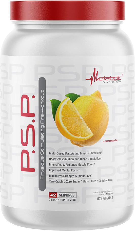 672g Metabolic Nutrition P.S.P. Pre-Workout Lemonade Flavor - Sugar-Free & Caffeine-Free Formula for Enhanced Physique Results