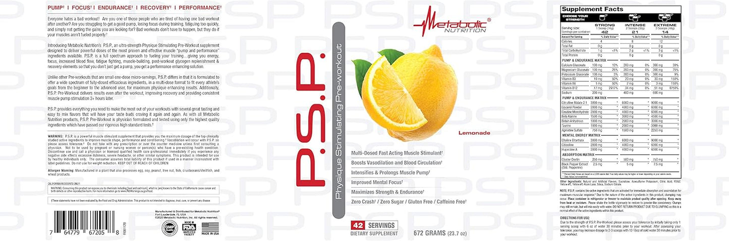 672g Metabolic Nutrition P.S.P. Pre-Workout Lemonade Flavor - Sugar-Free & Caffeine-Free Formula for Enhanced Physique Results