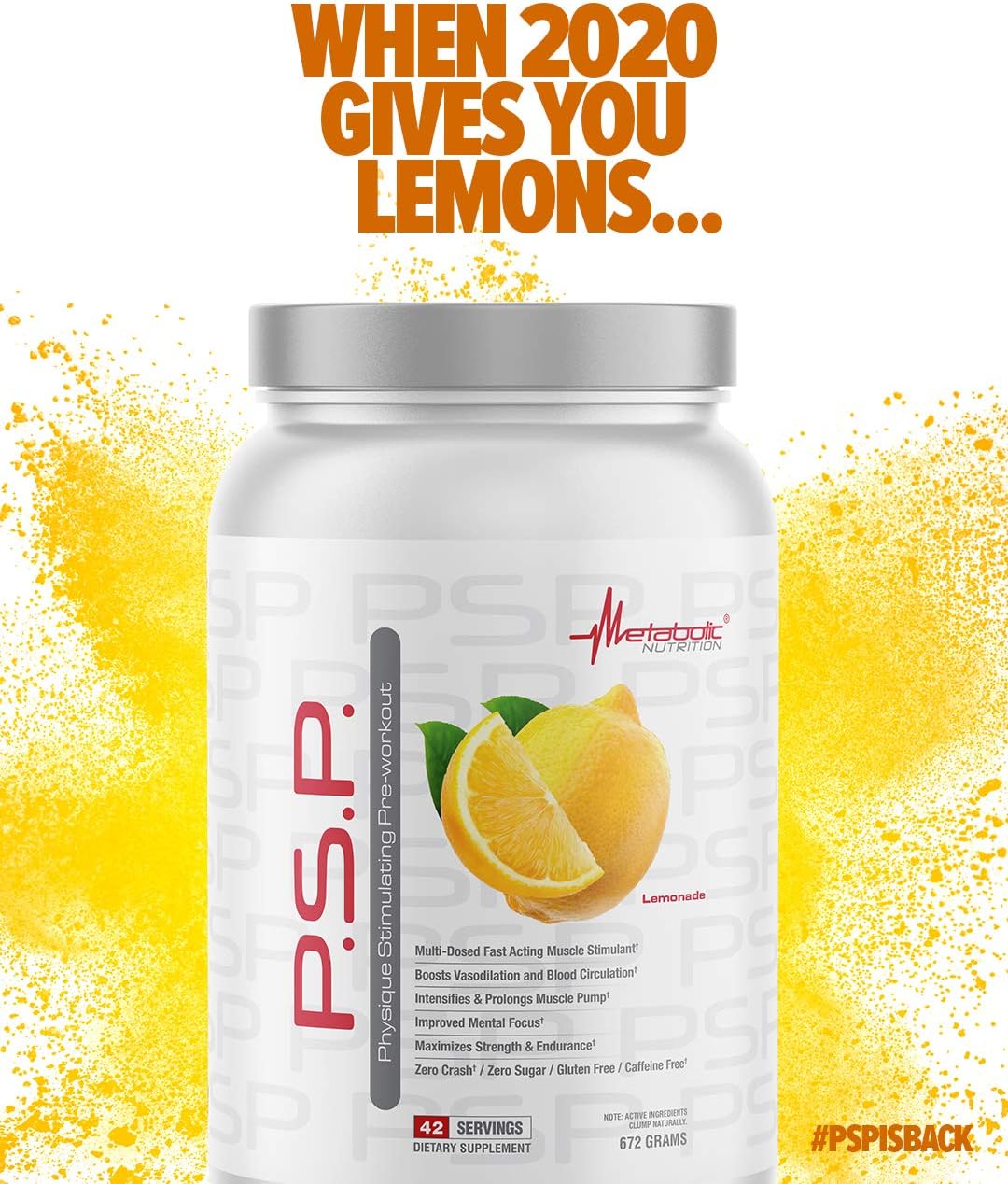 672g Metabolic Nutrition P.S.P. Pre-Workout Lemonade Flavor - Sugar-Free & Caffeine-Free Formula for Enhanced Physique Results