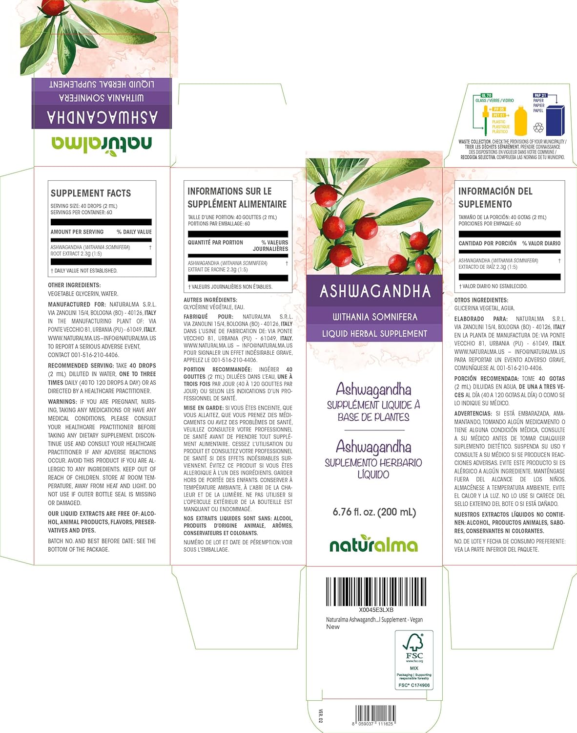 6.76 fl oz Ashwagandha Root Alcohol-Free Tincture - Liquid Extract Drops - Herbal Supplement for Vegans