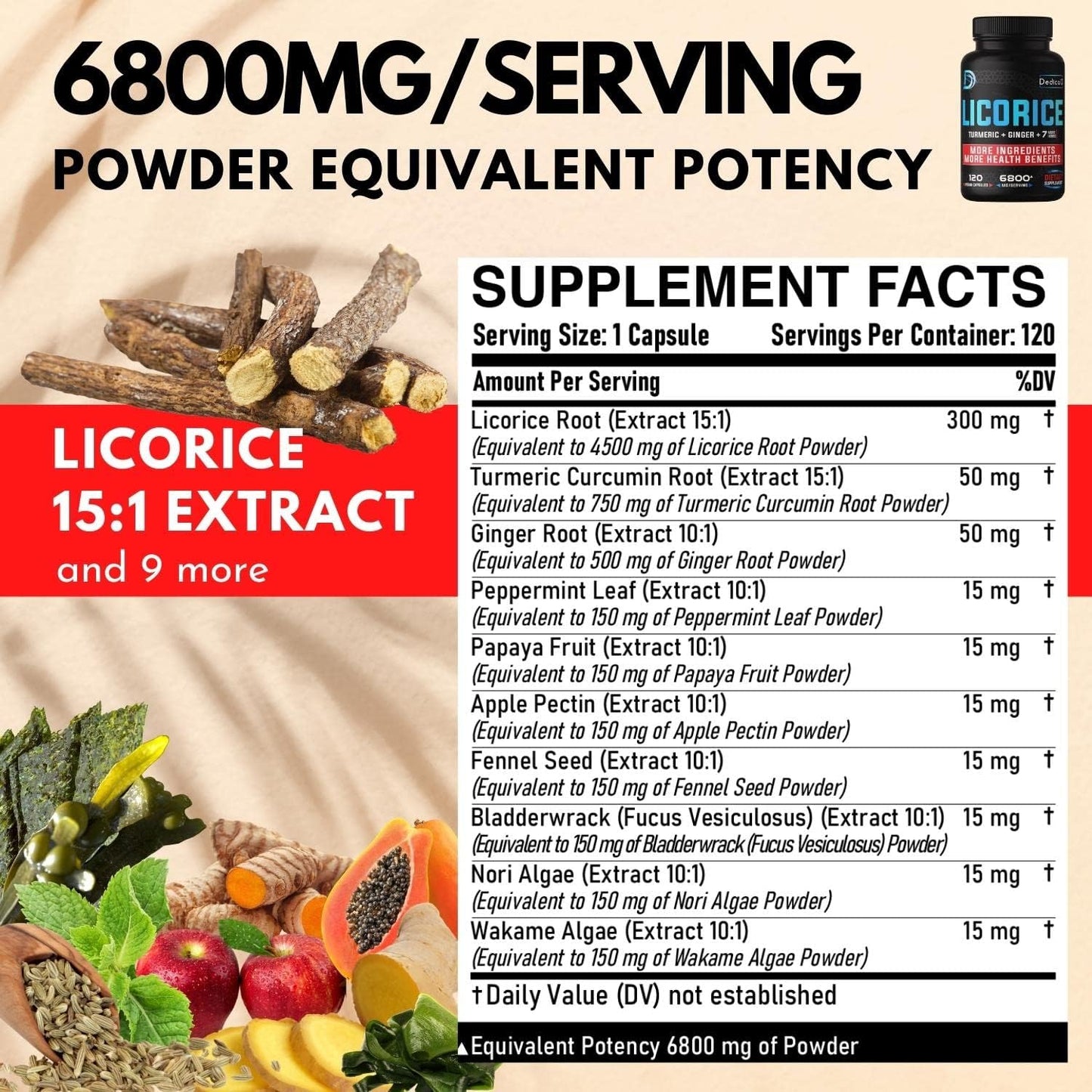6800mg Licorice Root Capsules - 4 Month Supply for Skin, Digestion & Immune Support - With Turmeric, Ginger, Peppermint - Non-GMO - 120 Vegan Capsules
