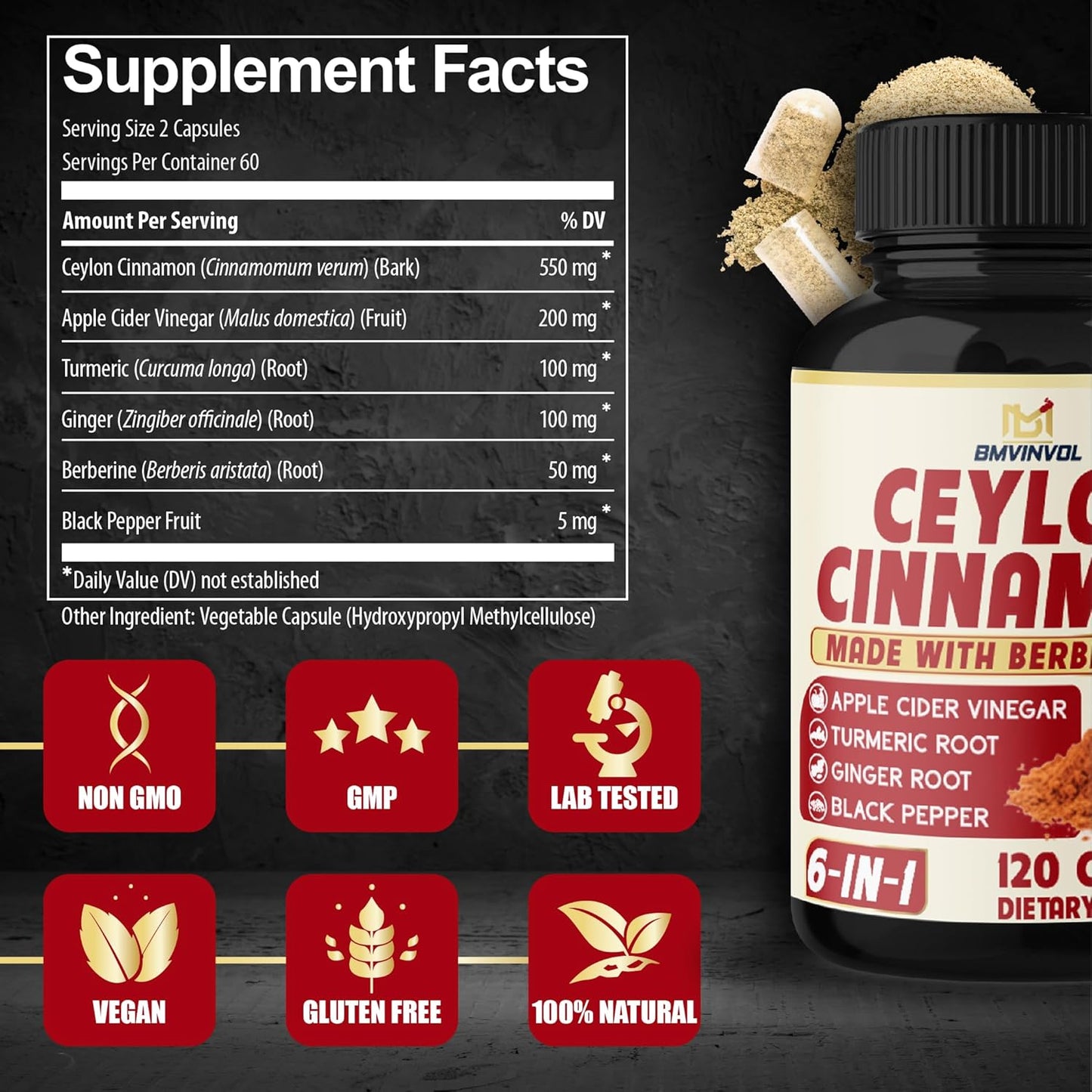 6in1 Ceylon Cinnamon Capsules with Berberine HCl, Turmeric, Ginseng, Black Pepper, Apple Cider Vinegar - 120 Count for Immune Support