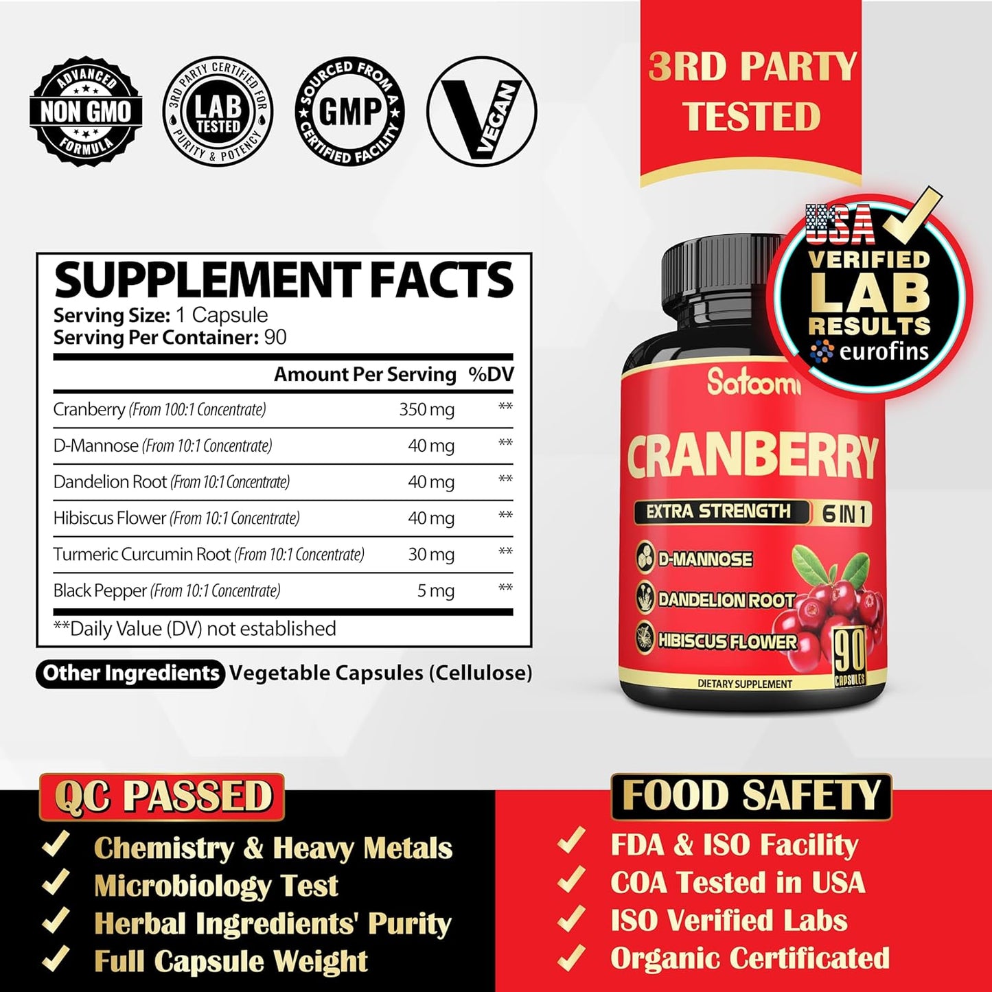 6in1 Cranberry Pills for Women - 90 Veggie Capsules - 3 Month Supply - Blend of 6 Herbal Extracts