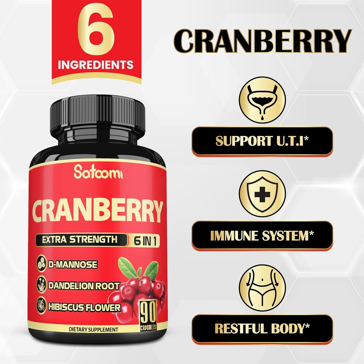 6in1 Cranberry Pills for Women - 90 Veggie Capsules - 3 Month Supply - Blend of 6 Herbal Extracts