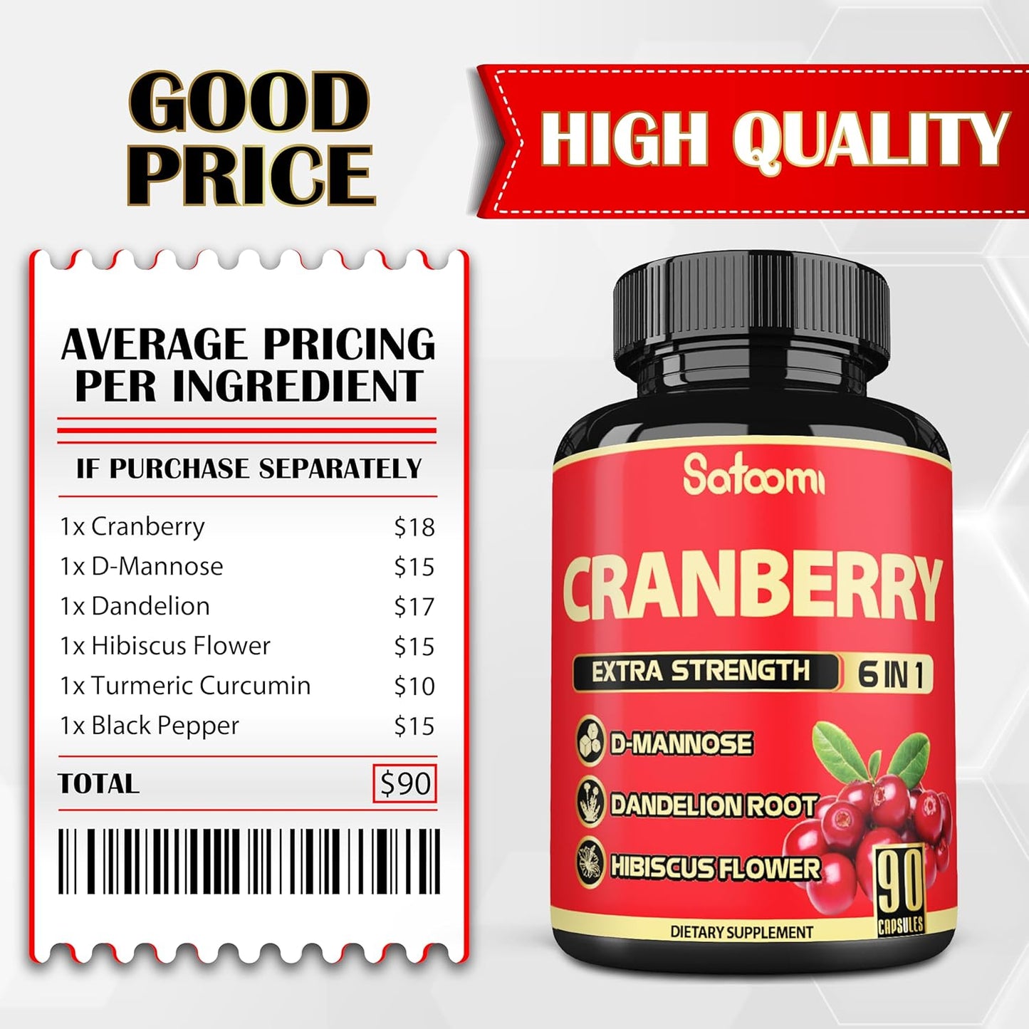 6in1 Cranberry Pills for Women - 90 Veggie Capsules - 3 Month Supply - Blend of 6 Herbal Extracts