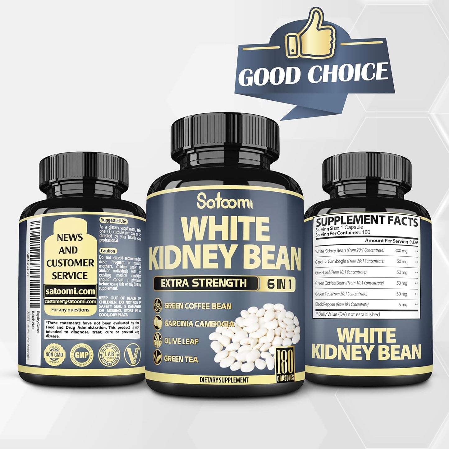 6in1 White Kidney Bean Extract Capsules - 6 Month Supply - Enhanced with Olive Leaf, Green Coffee Bean, Green Tea - 180 Count