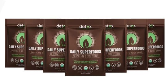 7 Day Detox Packets: Detox Organics Chocolate Superfood Powder for Body Cleanse, Bloating Relief, Immune Support & Energy Boost - Vegan Greens Blend Smoothie Mix