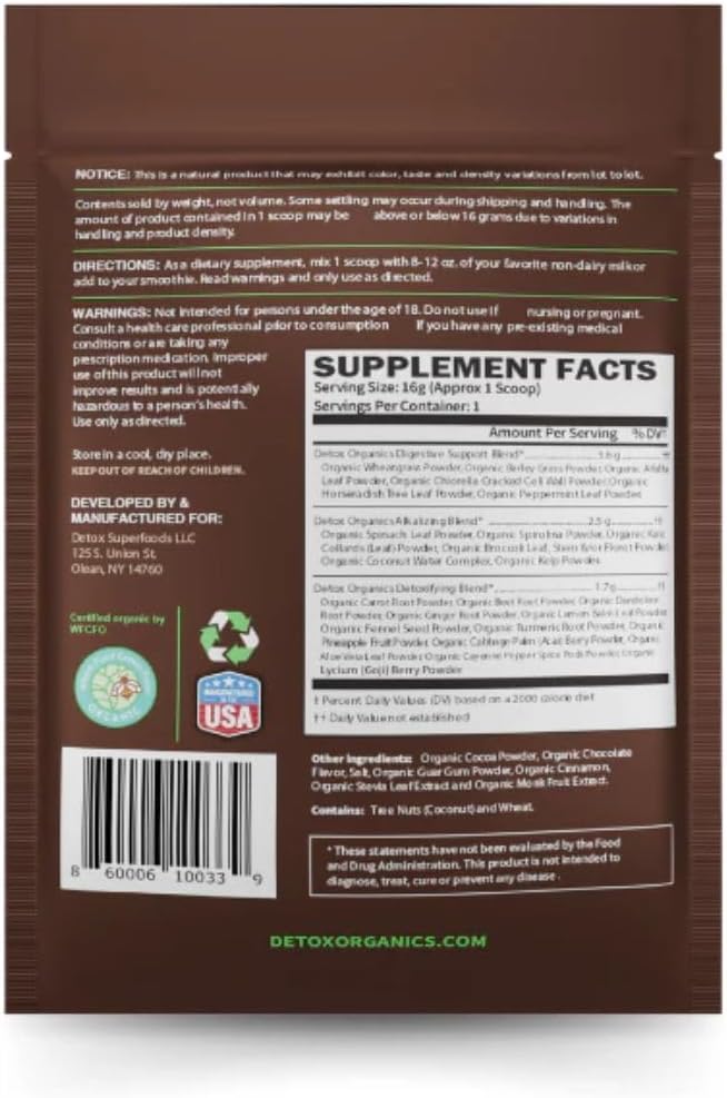 7 Day Detox Packets: Detox Organics Chocolate Superfood Powder for Body Cleanse, Bloating Relief, Immune Support & Energy Boost - Vegan Greens Blend Smoothie Mix