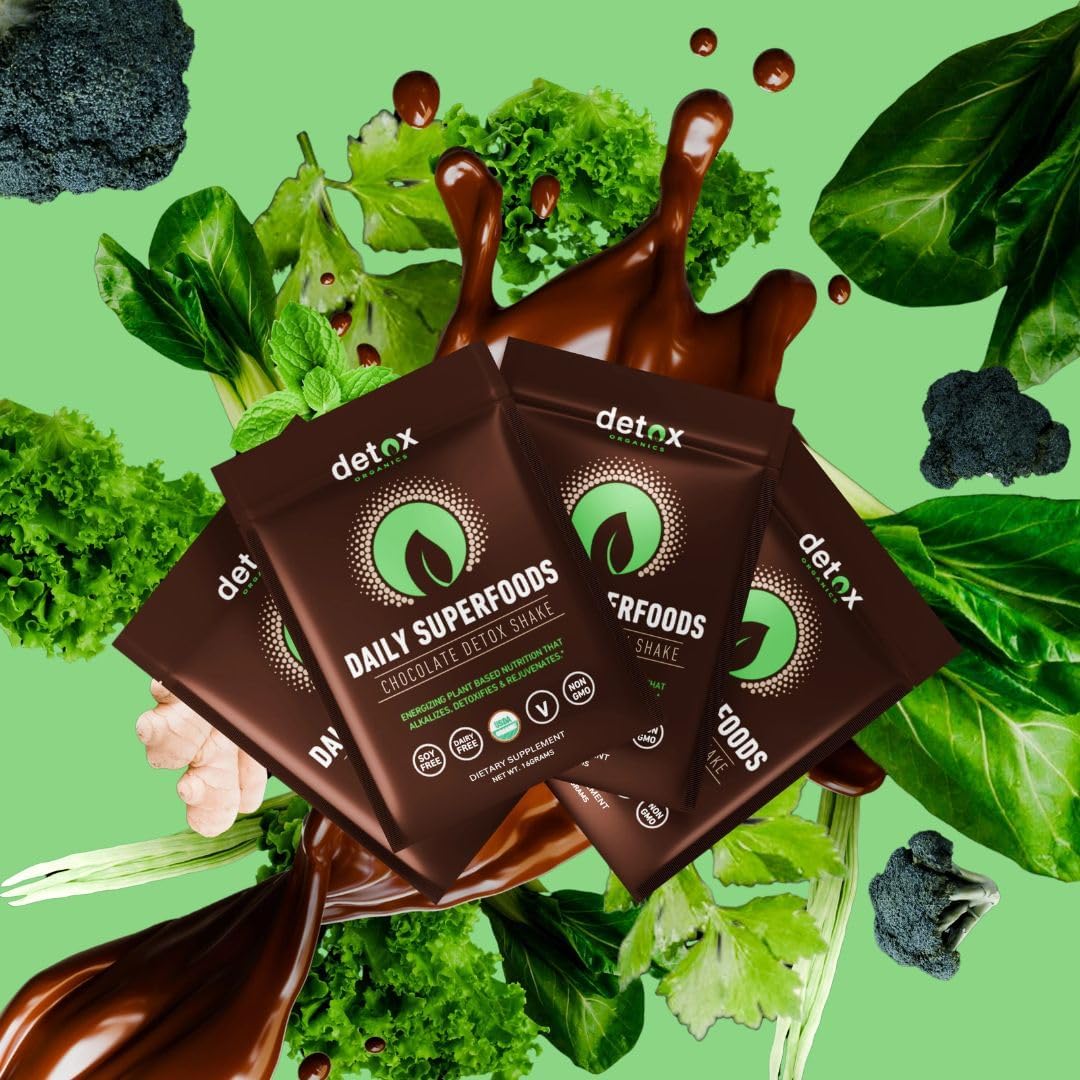 7 Day Detox Packets: Detox Organics Chocolate Superfood Powder for Body Cleanse, Bloating Relief, Immune Support & Energy Boost - Vegan Greens Blend Smoothie Mix