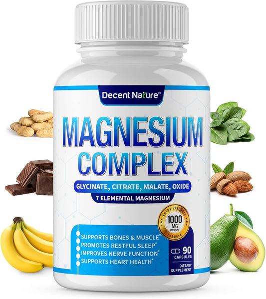 7 Elemental Magnesium Supplement 1000mg - Magnesium Complex with Glycinate, Citrate, Malate, Taurate, Oxide, Aspartate, Orotate - Non-GMO 90 Capsules by DECENT NATURE