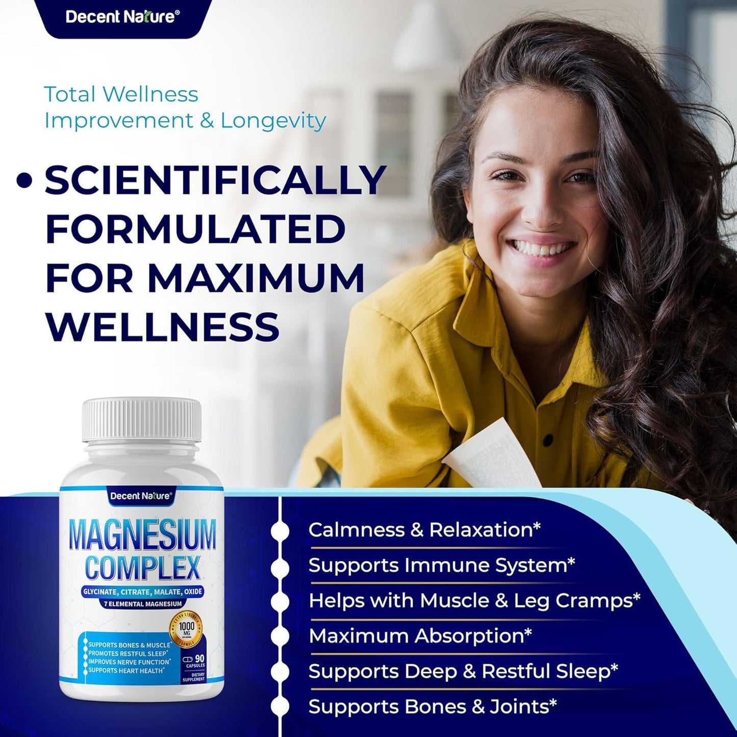7 Elemental Magnesium Supplement 1000mg - Magnesium Complex with Glycinate, Citrate, Malate, Taurate, Oxide, Aspartate, Orotate - Non-GMO 90 Capsules by DECENT NATURE