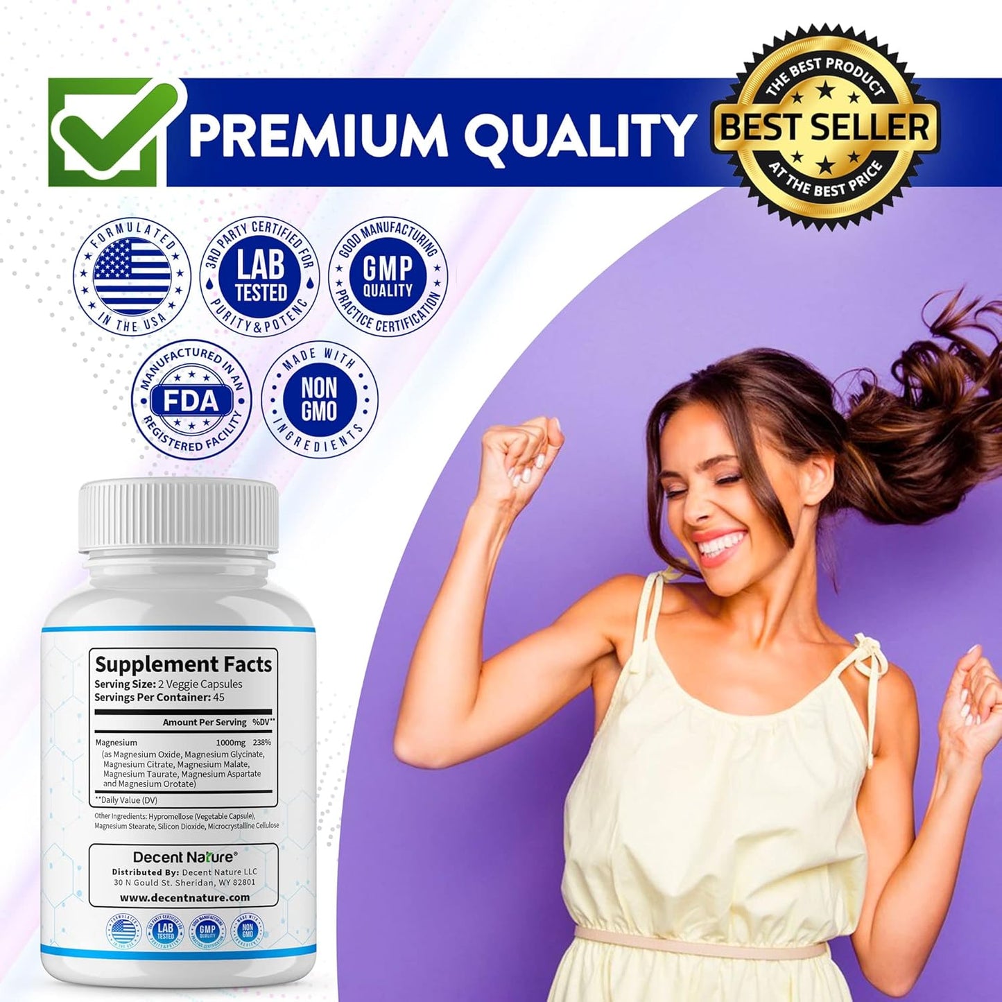 7 Elemental Magnesium Supplement 1000mg - Magnesium Complex with Glycinate, Citrate, Malate, Taurate, Oxide, Aspartate, Orotate - Non-GMO 90 Capsules by DECENT NATURE