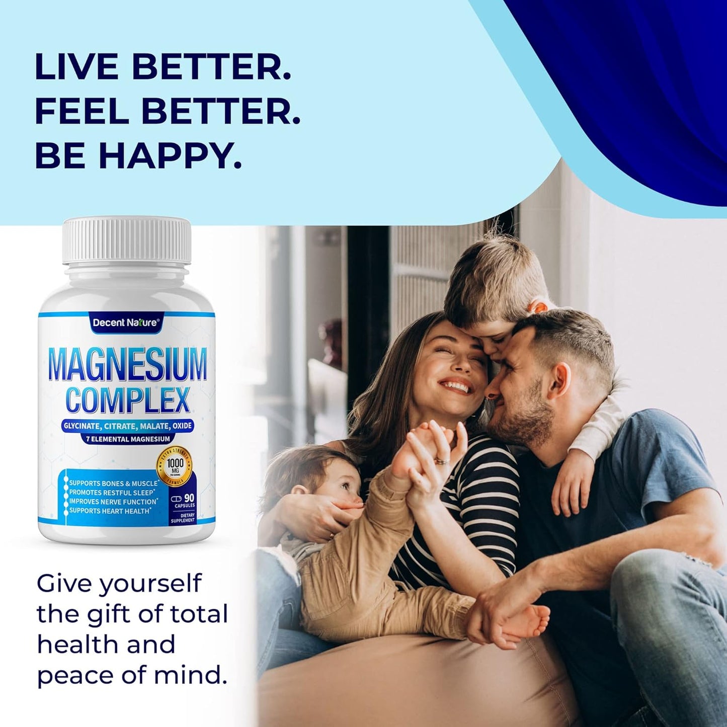 7 Elemental Magnesium Supplement 1000mg - Magnesium Complex with Glycinate, Citrate, Malate, Taurate, Oxide, Aspartate, Orotate - Non-GMO 90 Capsules by DECENT NATURE
