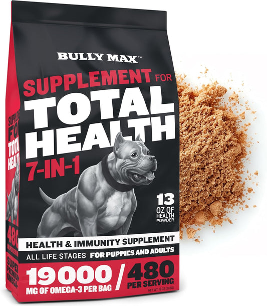 7-in-1 Bully Max Dog Multivitamin Powder for Total Health & Immunity - Omega 3 Supplements for Heart, Digestive, Joint Health - All Breeds, 13oz Bag