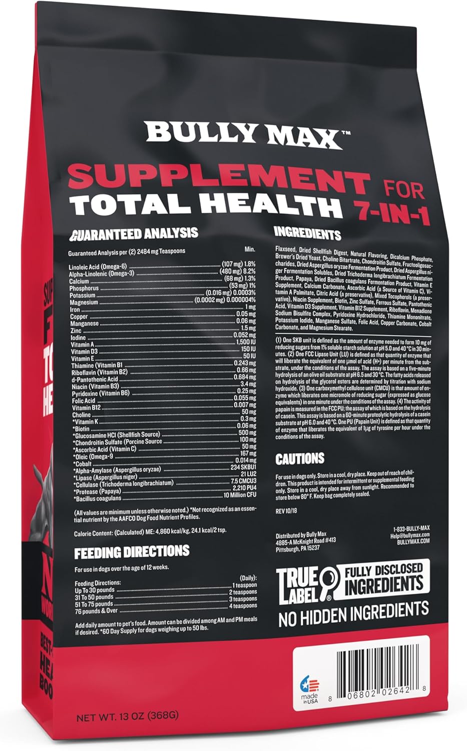 7-in-1 Bully Max Dog Multivitamin Powder for Total Health & Immunity - Omega 3 Supplements for Heart, Digestive, Joint Health - All Breeds, 13oz Bag