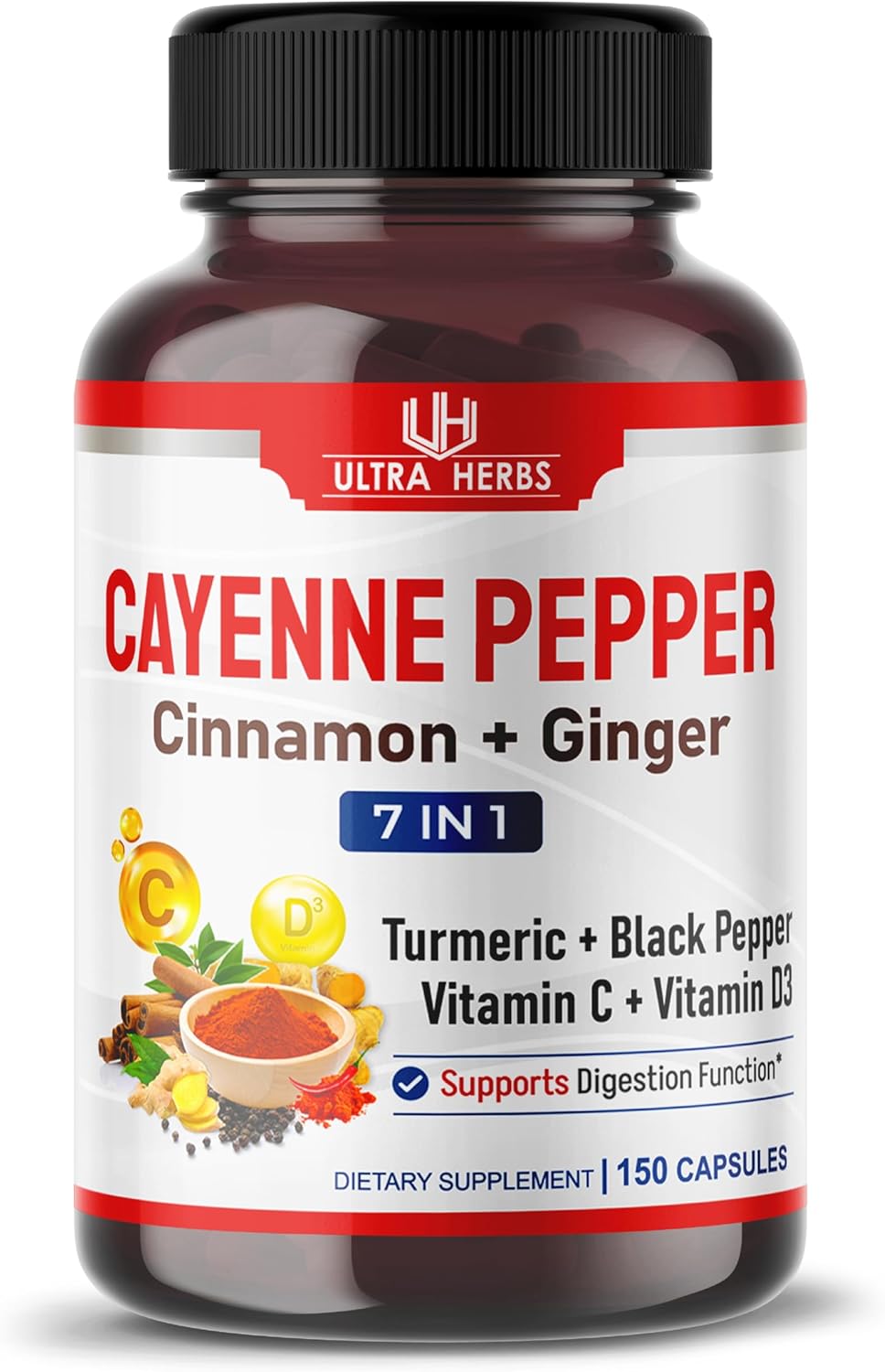 7-in-1 Cayenne Pepper Supplement with Ginger, Turmeric, Cinnamon, Black Pepper - Supports Digestive Health (150-Day Supply)