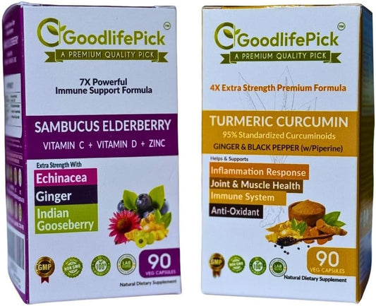 7-in-1 Elderberry and Turmeric Curcumin Blend with Zinc, Vitamin C, Echinacea, Ginger, and Black Pepper - 180 Capsules, All Natural and Non-GMO