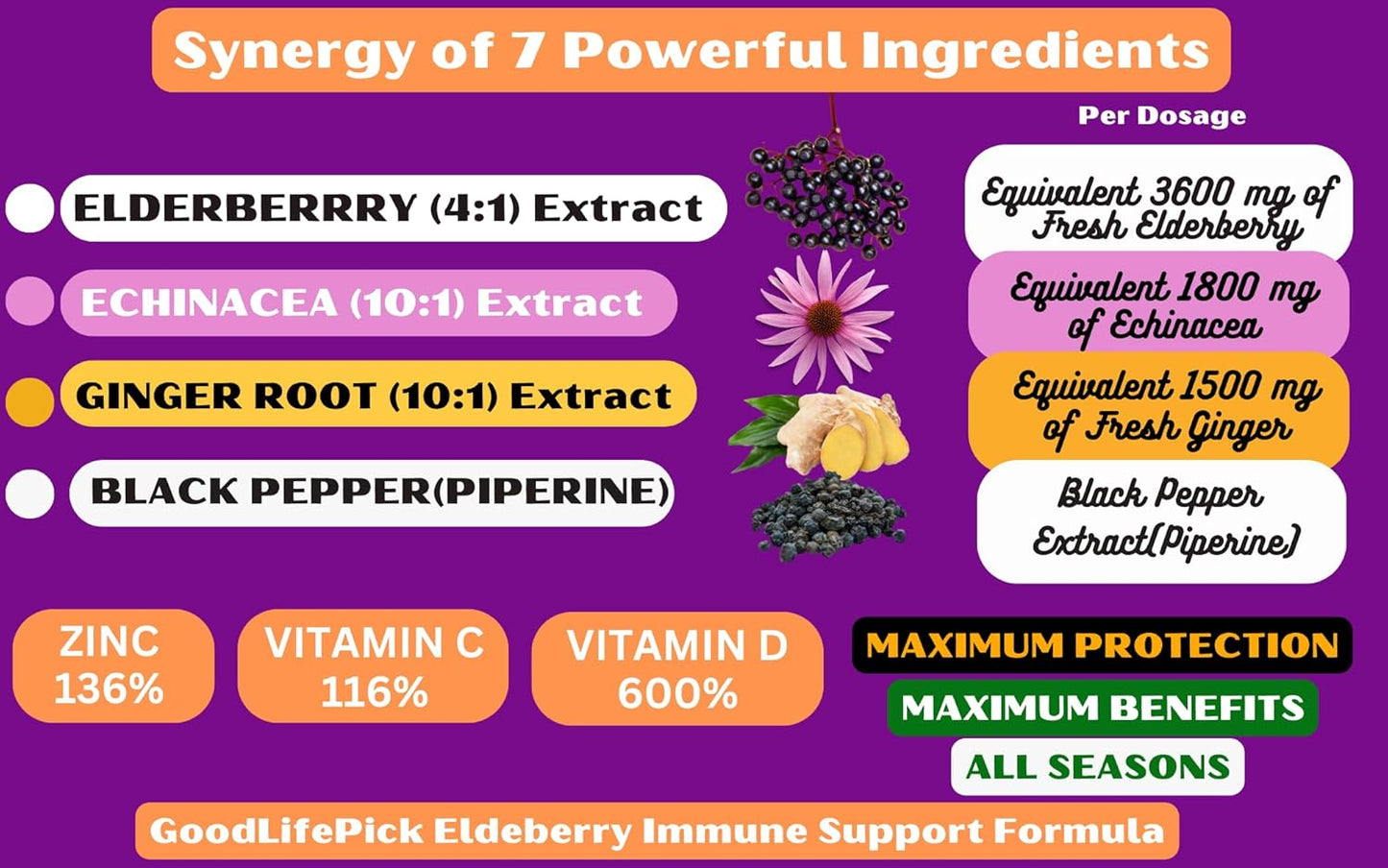 7-in-1 Elderberry and Turmeric Curcumin Blend with Zinc, Vitamin C, Echinacea, Ginger, and Black Pepper - 180 Capsules, All Natural and Non-GMO