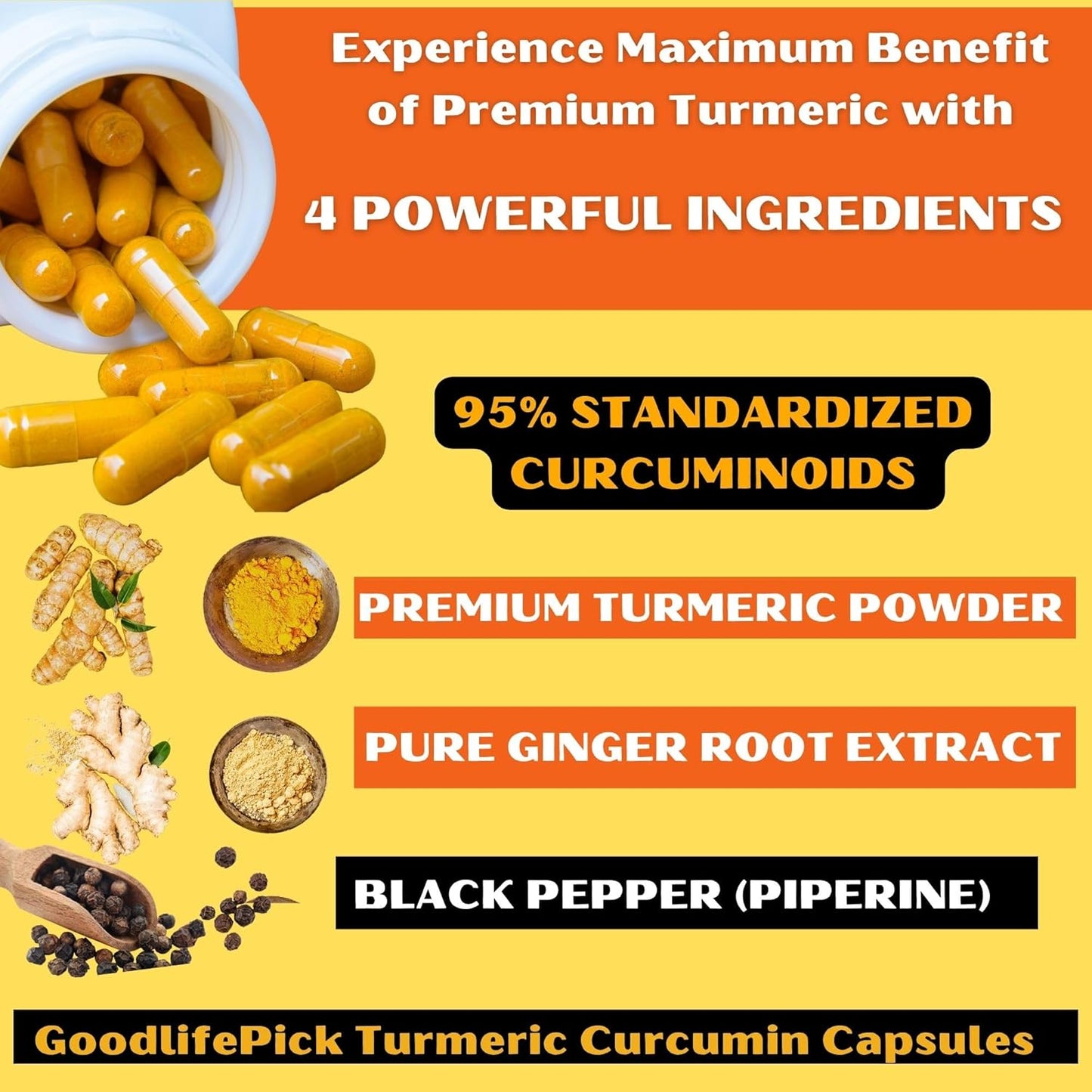 7-in-1 Elderberry and Turmeric Curcumin Blend with Zinc, Vitamin C, Echinacea, Ginger, and Black Pepper - 180 Capsules, All Natural and Non-GMO