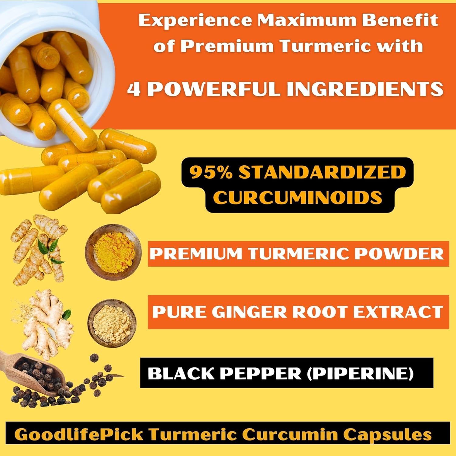 7-in-1 Elderberry and Turmeric Curcumin Blend with Zinc, Vitamin C, Echinacea, Ginger, and Black Pepper - 180 Capsules, All Natural and Non-GMO