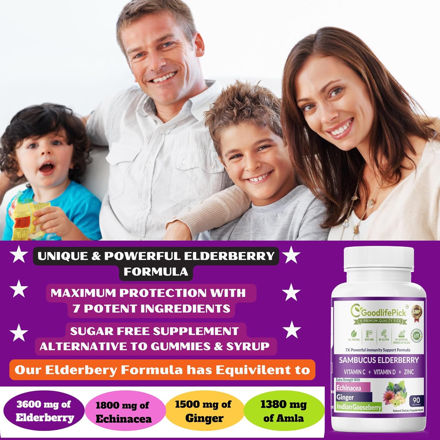 7-in-1 Elderberry and Turmeric Curcumin Blend with Zinc, Vitamin C, Echinacea, Ginger, and Black Pepper - 180 Capsules, All Natural and Non-GMO