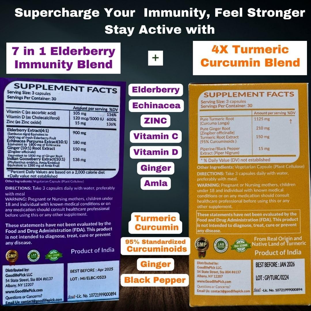7-in-1 Elderberry and Turmeric Curcumin Blend with Zinc, Vitamin C, Echinacea, Ginger, and Black Pepper - 180 Capsules, All Natural and Non-GMO