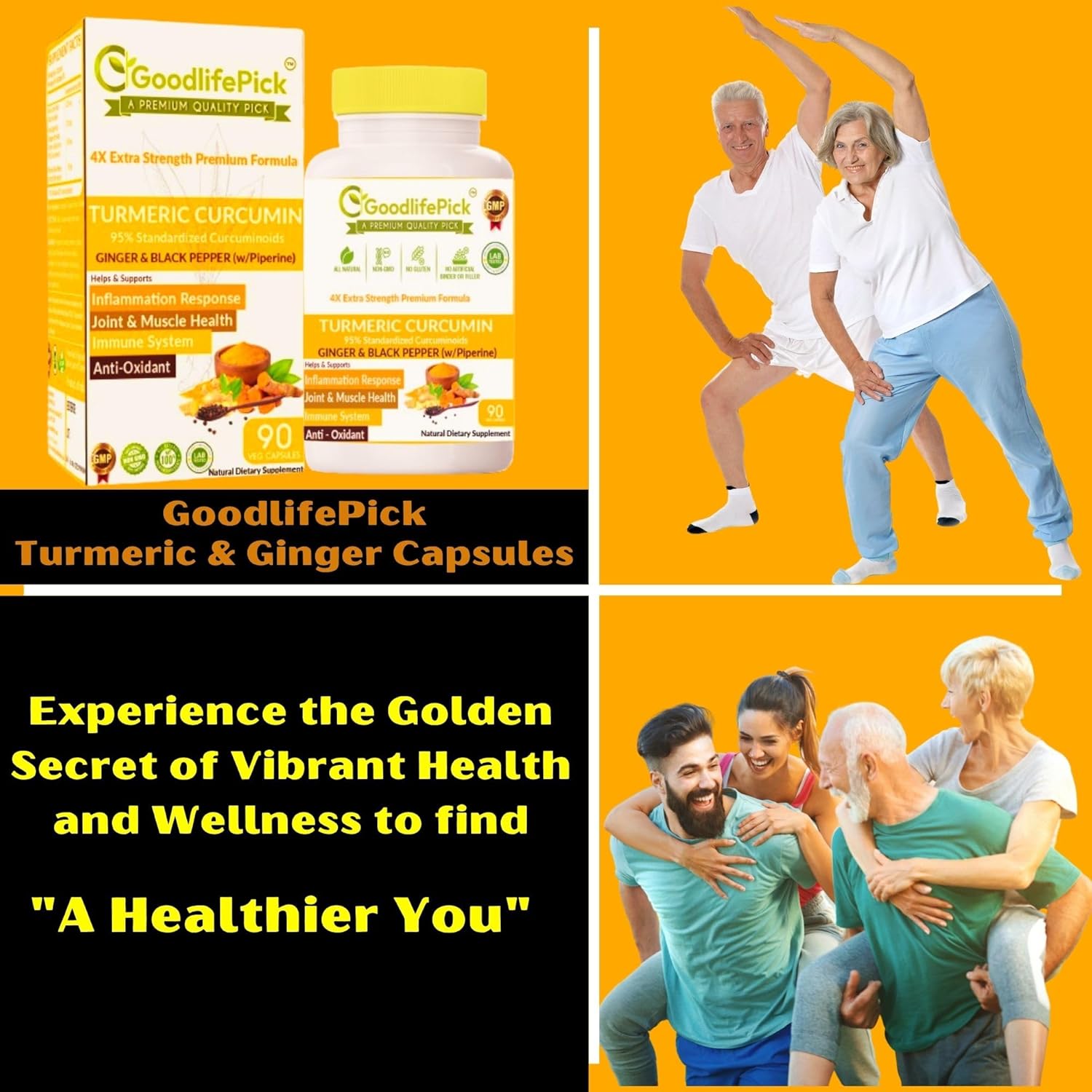 7-in-1 Elderberry and Turmeric Curcumin Blend with Zinc, Vitamin C, Echinacea, Ginger, and Black Pepper - 180 Capsules, All Natural and Non-GMO