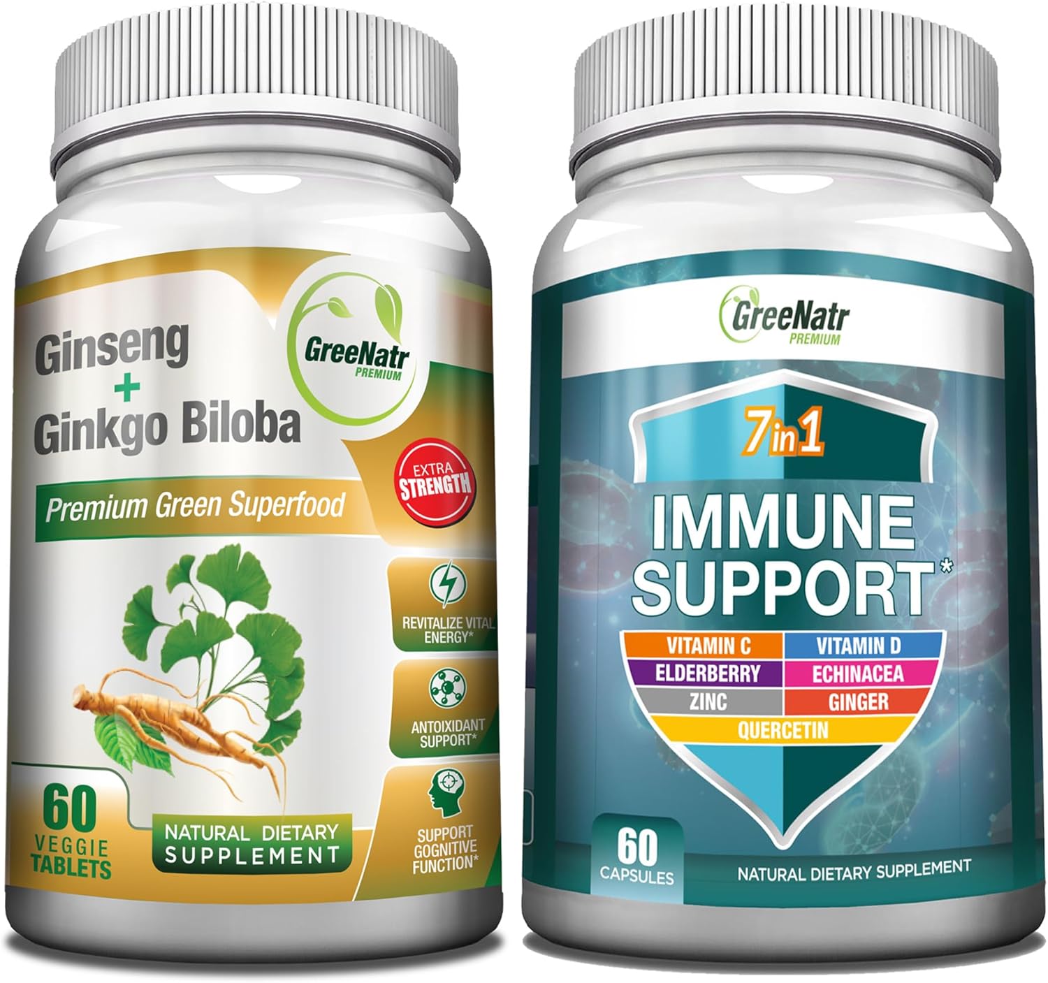 7-in-1 Immune Support Supplement with Korean Red Ginseng, Ginkgo Biloba, Vitamin C, D3, Zinc, Quercetin - GreeNatr