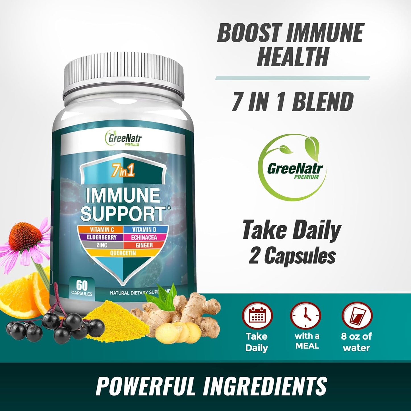 7-in-1 Immune Support Supplement with Korean Red Ginseng, Ginkgo Biloba, Vitamin C, D3, Zinc, Quercetin - GreeNatr