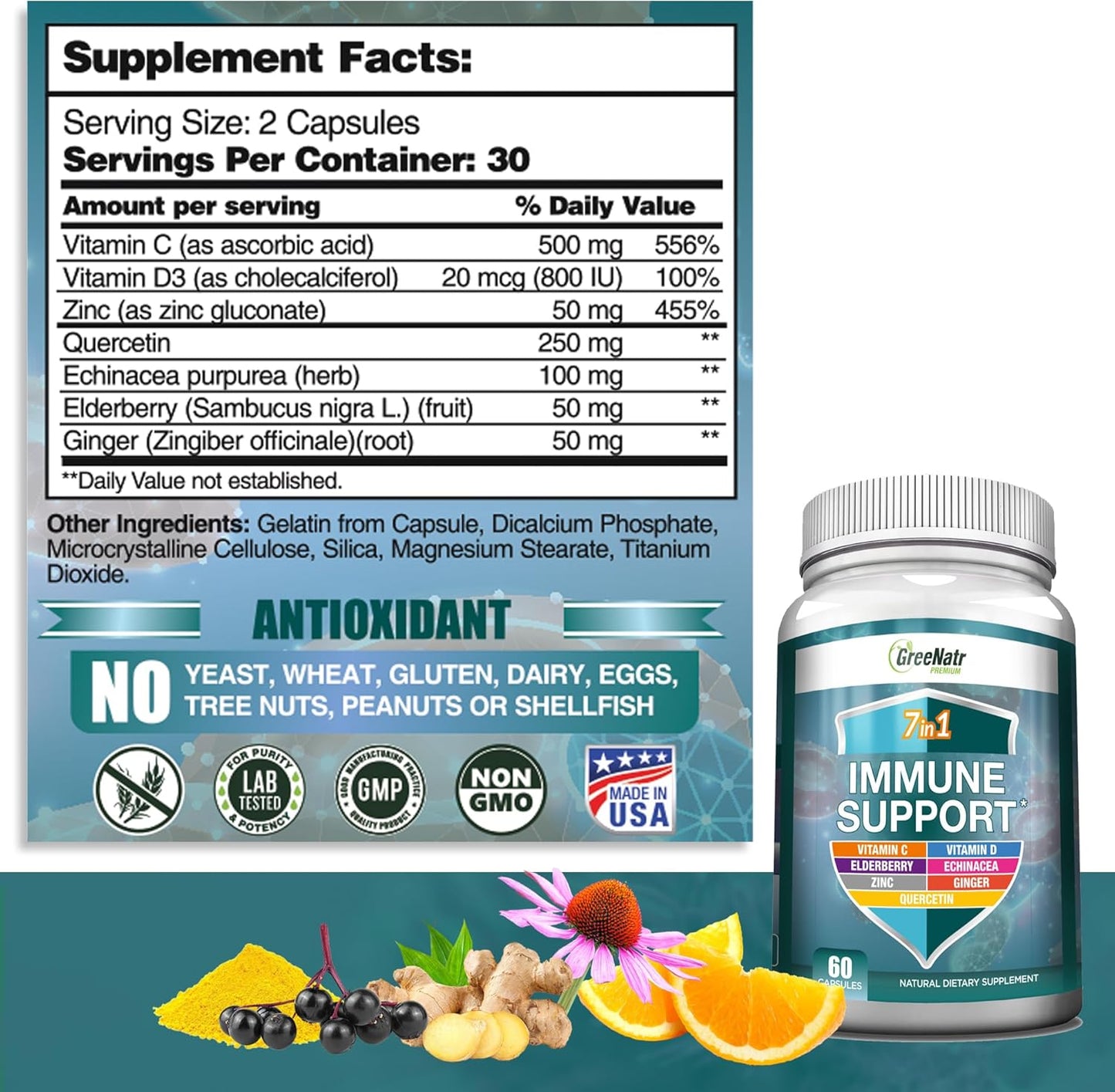 7-in-1 Immune Support Supplement with Korean Red Ginseng, Ginkgo Biloba, Vitamin C, D3, Zinc, Quercetin - GreeNatr