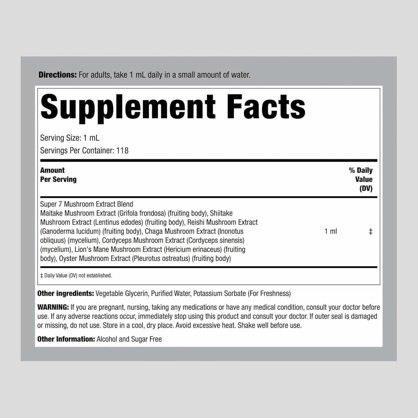 7-in-1 Mushroom Complex Liquid Drops - 4 Fl Oz - Vegetarian Tincture with Maitake, Shiitake, Reishi, Chaga, Cordyceps, Lion's Mane & Oyster Mushrooms - Non-GMO, Gluten Free