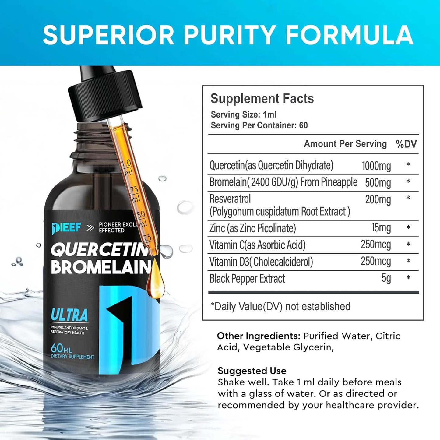 7-in-1 Quercetin Liquid Drops with Bromelain & Zinc, 1000mg Quercetin Supplements for Respiratory & Immune Support
