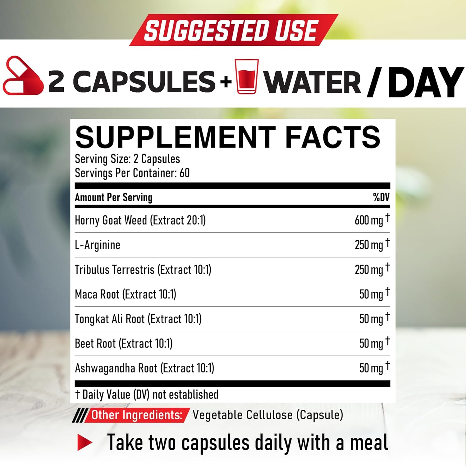 7-in-1 Ultra Test Support Supplement with Tribulus Terrestris, Horny Goat Weed, L-Arginine, Maca Root, Tongkat Ali, Beet Root - Energy and Muscle Strength Booster - 120 Capsules