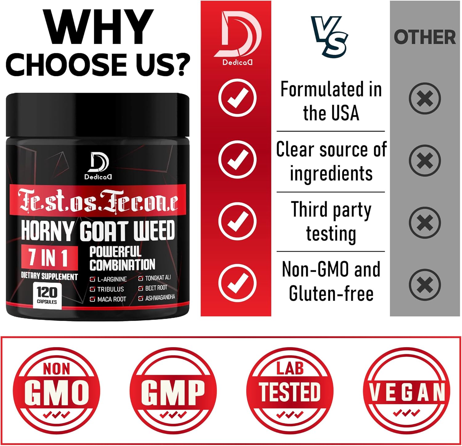 7-in-1 Ultra Test Support Supplement with Tribulus Terrestris, Horny Goat Weed, L-Arginine, Maca Root, Tongkat Ali, Beet Root - Energy and Muscle Strength Booster - 120 Capsules