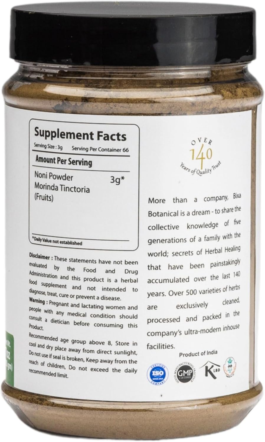 7 Oz Bixa BOTANICAL Noni Powder - Ayurvedic Herbal Supplement | Pure Premium Quality Morinda Citrifolia | Vitamin C Anti-Oxidant Energy Boost