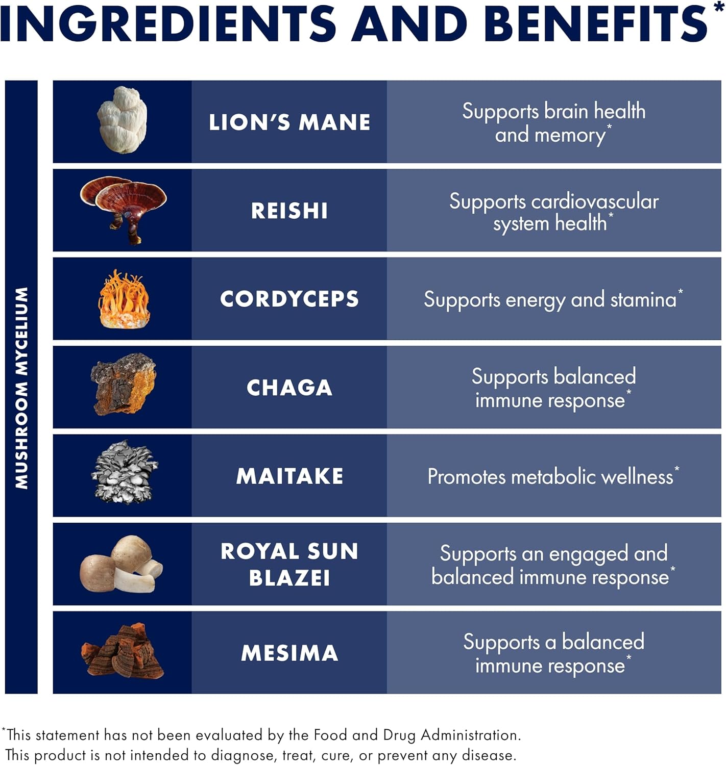 7-Species Mushroom Supplement for Immune Support - Stamets 7 Mushroom Powder with Royal Sun Blazei, Cordyceps, Reishi, Maitake, Lion's Mane, Chaga, Mesima - 3.5 oz