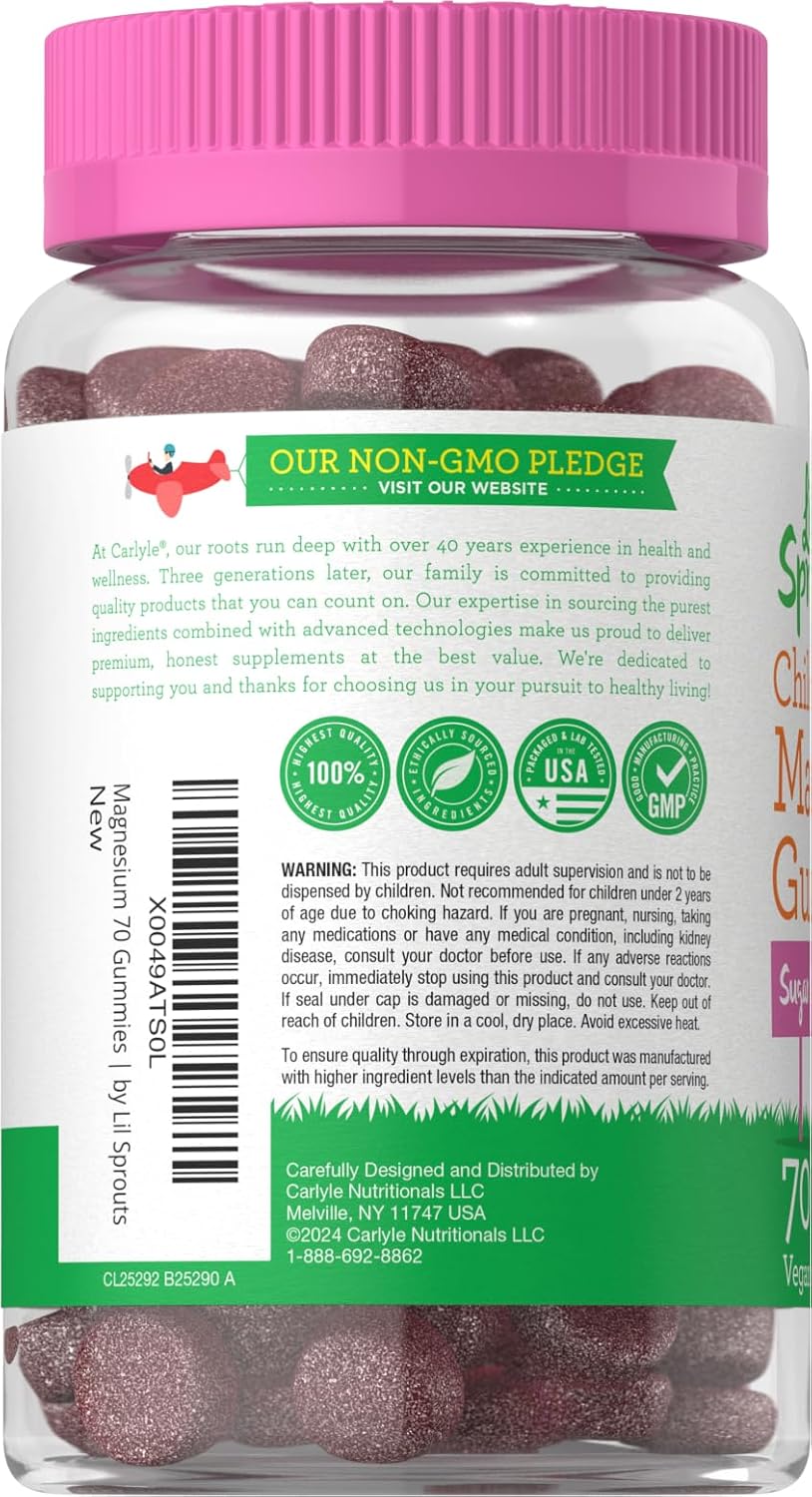 70 Count Lil' Sprouts Children's Magnesium Gummies - Mixed Berry Flavor, Sugar Free, Vegan, Non-GMO & Gluten Free